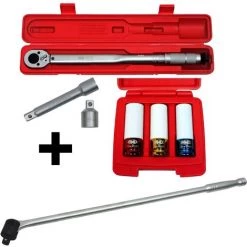 FAMEX 10912 Clé Dynamométrique 1/2", 30-210 Nm, Kit Pour Changer Les Roue, Clé Pour écrous De Roue, 3 Embouts 17 / 19 / 21