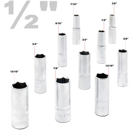 WILTEC Jeu De 11 Douilles Impériales 1/2" Clé à Douille 3/8" - 15/16" Acier Au Chrome-vanadium Kit Outils 5 WILTEC Jeu De 11 Douilles Impériales 1/2" Clé à Douille 3/8" - 15/16" Acier Au Chrome-vanadium Kit Outils – Image 3