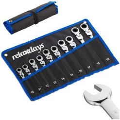 Relaxdays Clé Ajustable Jeu De 10, Plate, à Oeil Et Cliquet, Articulation, 10-19 Mm, Pochette, Noir