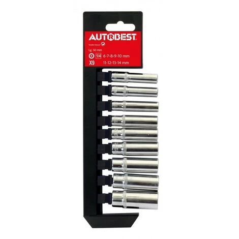 AUTOBEST Jeu 9 Douilles Longues, 6 Pans, Carre 1/4, 3 AUTOBEST Jeu 9 Douilles Longues, 6 Pans, Carre 1/4,