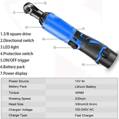 DAY PLUS Clé à Cliquet Sans Fil 3/8 Pouces, Clé électrique 12V 40Nm Avec 2 Piles 1500mAh, Chargeur Rapi1 Heure, 7 Prises, Clé à Angle Droit à Cliquet Sans Fil 4 DAY PLUS Clé à Cliquet Sans Fil 3/8 Pouces, Clé électrique 12V 40Nm Avec 2 Piles 1500mAh, Chargeur Rapi1 Heure, 7 Prises, Clé à Angle Droit à Cliquet Sans Fil – Image 2
