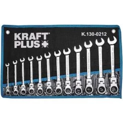 KRAFTPLUS K.130-0212 Clés Mixtes à Cliquet 12 Pcs - 8-19 Mm - Avec Articulation - Clé Platte à Fourche - Clé à Oeil Polygonale