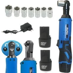 DAY PLUS Clé à Cliquet électrique Clés à Cliquet à Batterie 12V 3/8 Pouces Avec Batterie 2 X 1500mAh, Jeu De Clés à Cliquet Clé Dynamométrique Avec Lumière LED, 7 Douilles, Avant Et Arrière