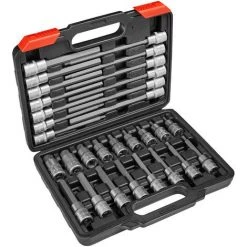 TECTAKE Coffret 30 Douilles Mâles Longues Et Courtes Pour Clé à Cliquet En Acier Chrome Vanadium - Noir/rouge